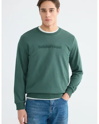Bluza de trening din amestec de bumbac cu text in relief, Verde aquamarin