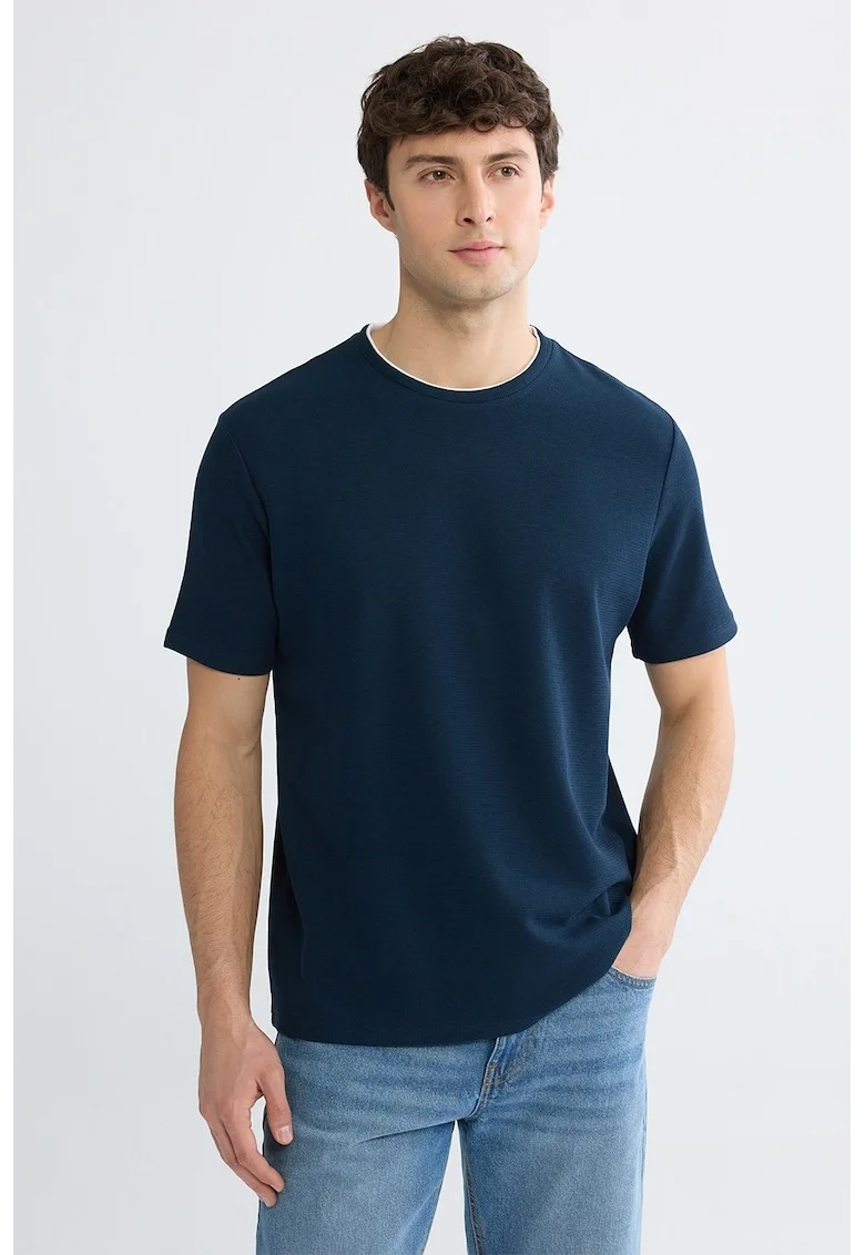 Tricou din amestec de bumbac cu decolteu la baza gatului, Albastru ultramarin