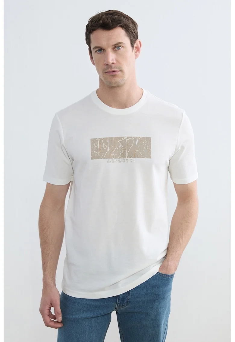 Tricou de bumbac cu imprimeu grafic, Alb/Maro taupe