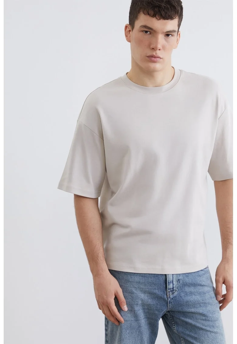 Tricou de bumbac cu decolteu la baza gatului, Gri deschis