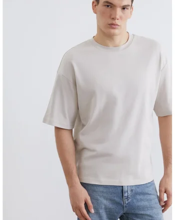 Tricou de bumbac cu decolteu la baza gatului, Gri deschis