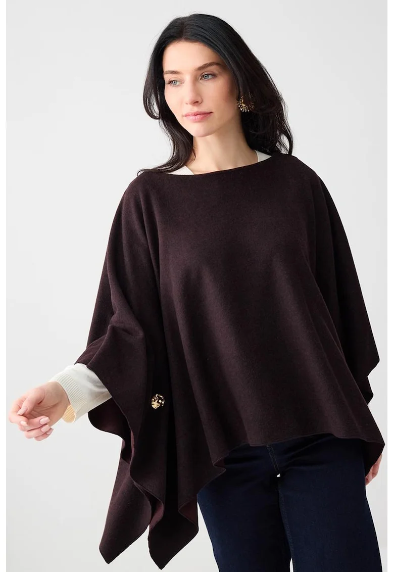 Poncho din tricot cu nasturi contrastanti, Maro