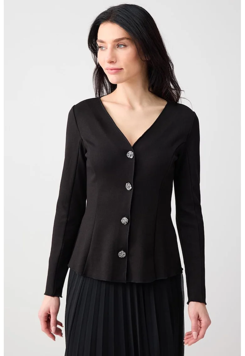 Cardigan cu decolteu in V si nasturi tip bijuterie, Negru