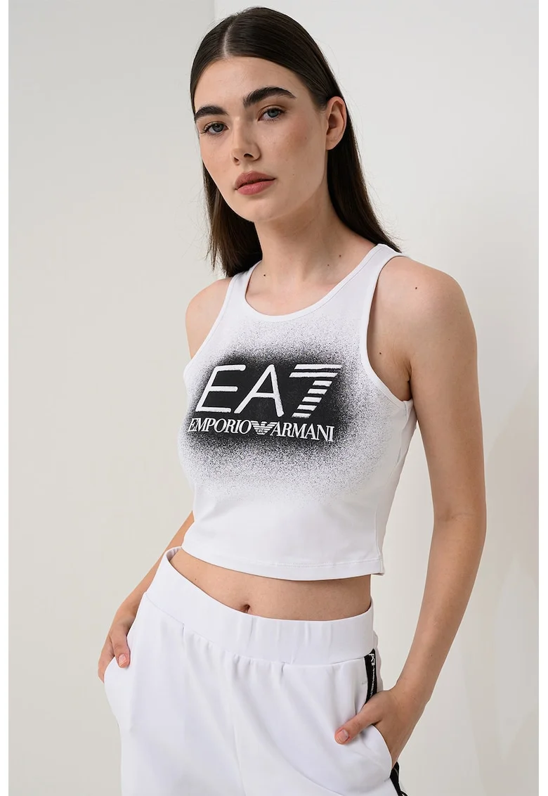 Top crop cu imprimeu logo, Negru/Alb optic