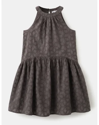 Rochie evazata cu decolteu halter si broderie, Maro taupe