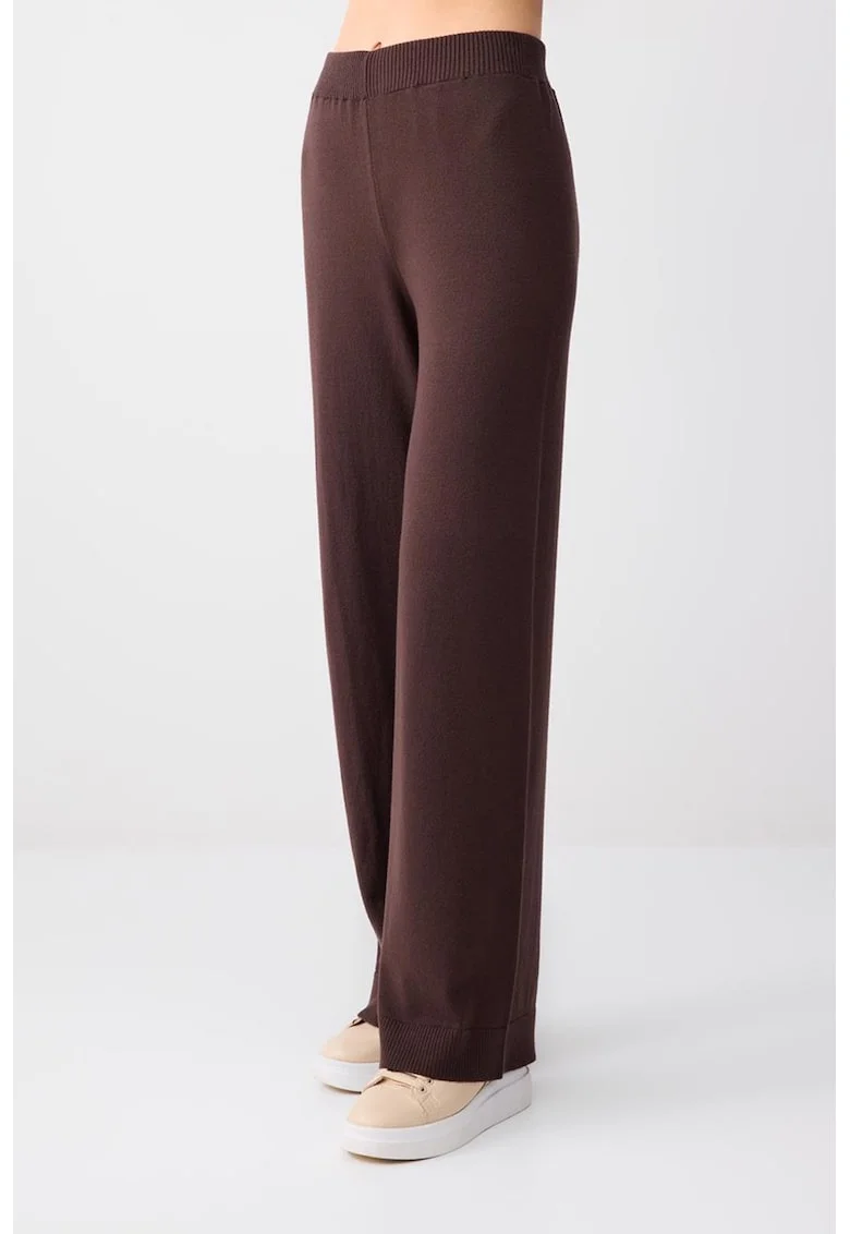 Pantaloni cu croiala ampla si banda elastica in talie, Maro cognac