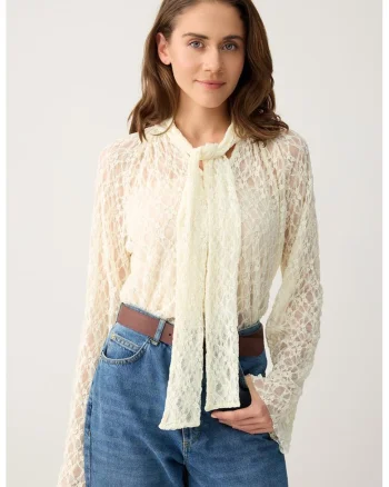 Bluza din dantela cu funda, Alb fildes