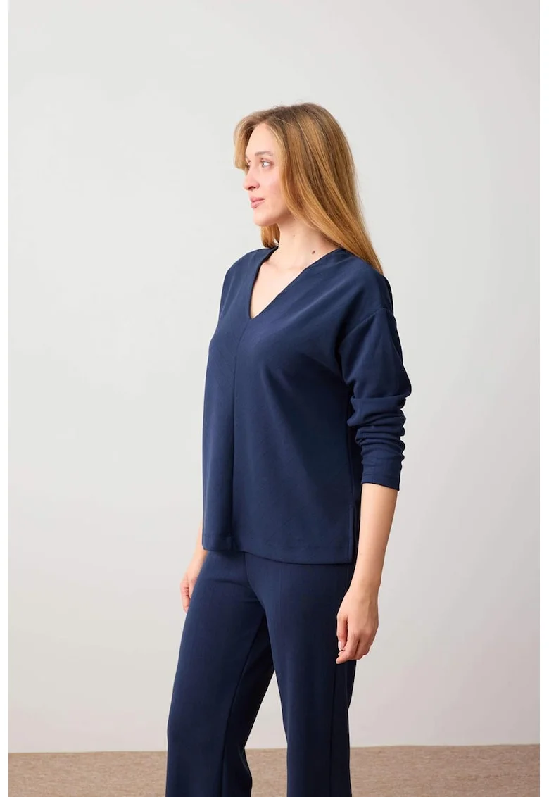 Bluza de trening din amestec de modal cu decolteu in V, Bleumarin
