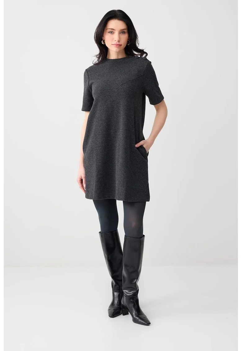 Rochie cu maneci scurte si buzunare laterale, Gri inchis melange