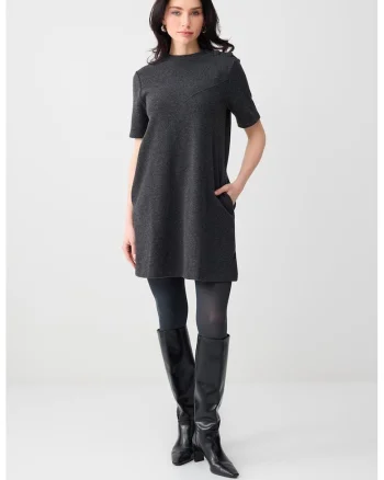Rochie cu maneci scurte si buzunare laterale, Gri inchis melange