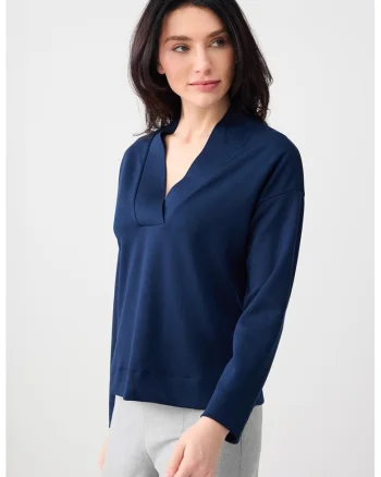 Bluza de trening din amestec de modal cu decolteu in V si maneci cazute, Bleumarin