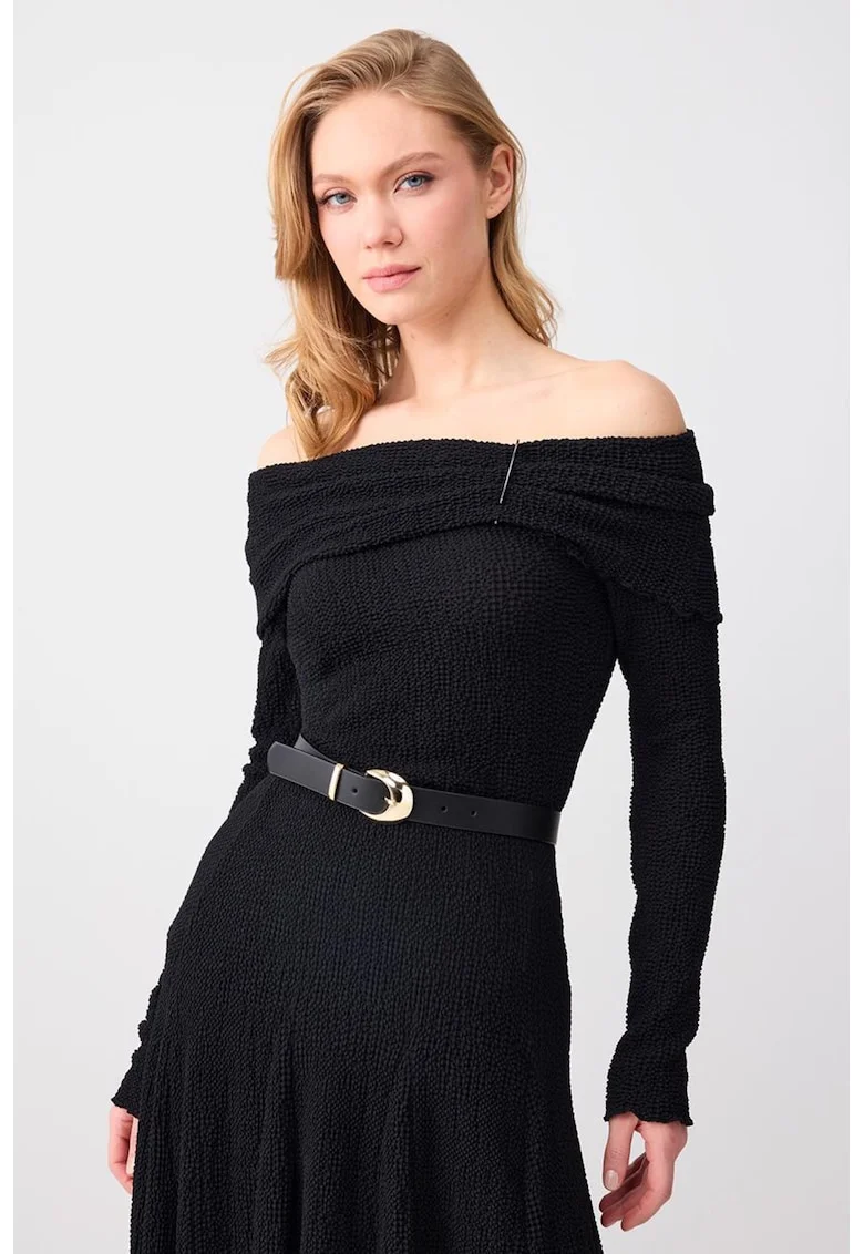 Bluza texturata cu decolteu pe umeri, Negru