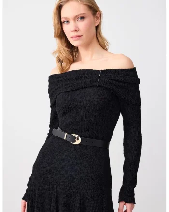 Bluza texturata cu decolteu pe umeri, Negru