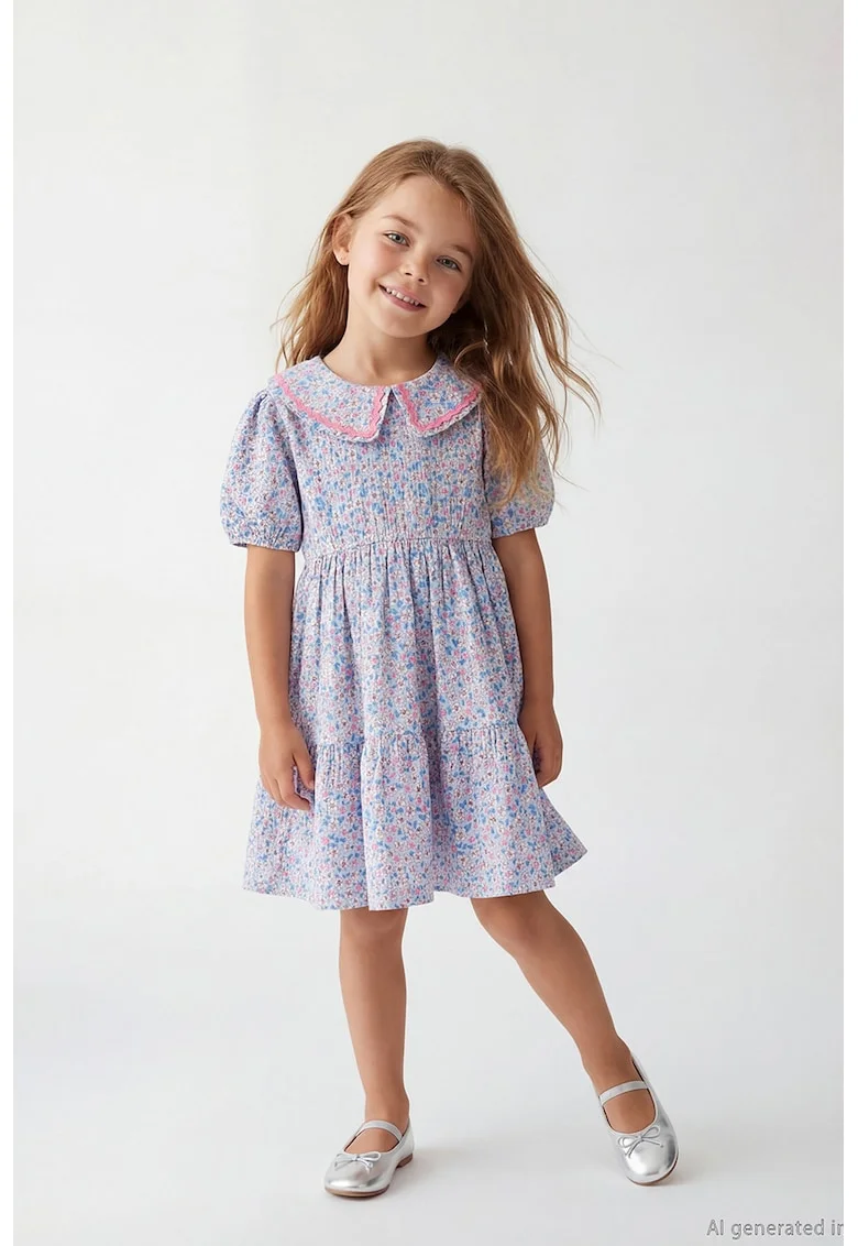Rochie cu imprimeu floral, Alb/Roz/Albastru