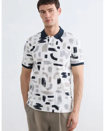 Tricou polo din bumbac cu model, Alb/Albastru ultramarin/Maro taupe deschis