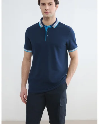 Tricou polo de bumbac, Alb murdar/Albastru deschis/Bleumarin