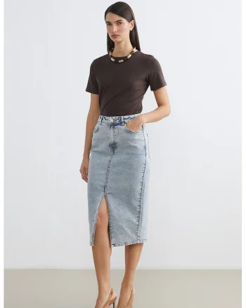 Fusta midi din denim cu slit frontal, Albastru melange