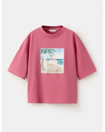 Tricou de bumbac cu maneci cazute, Rosu capsuna