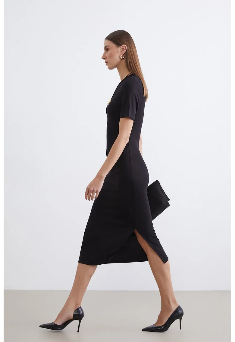 Rochie midi cu croiala cambrata si slit lateral, Rosu