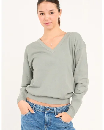 Pulover tricotat fin cu decolteu in V, Verde pal