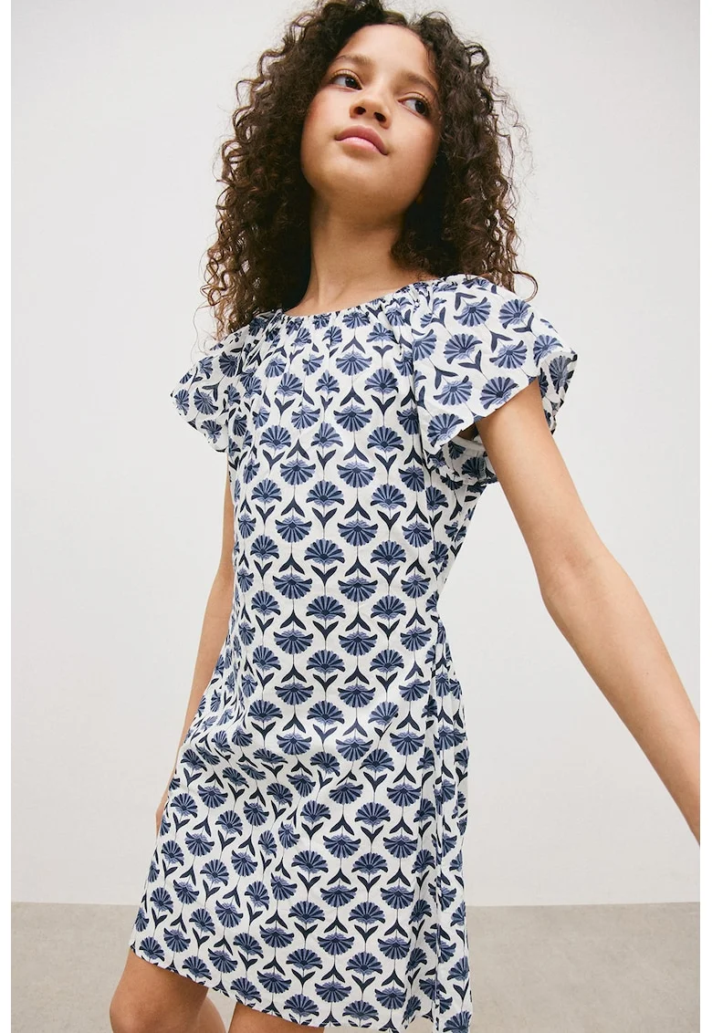 Rochie scurta de bumbac cu model floral, Alb/Bleumarin