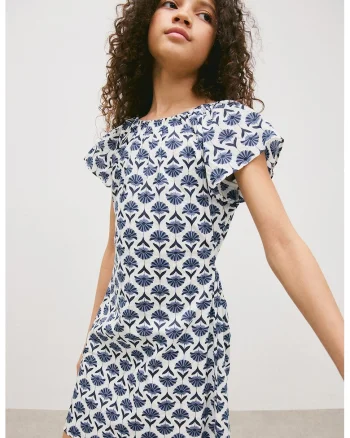 Rochie scurta de bumbac cu model floral, Alb/Bleumarin