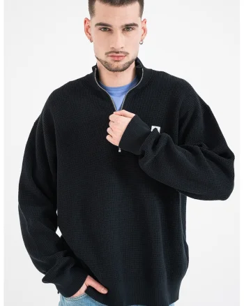 Pulover din tricot cu fenta cu fermoar, Negru