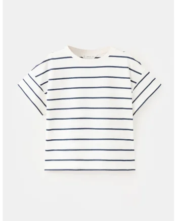 Tricou in dungi cu decolteu rotund, Alb/Bleumarin