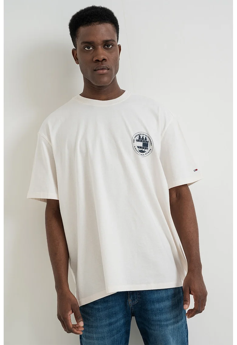 Tricou de bumbac lejer, Alb fildes/Bleumarin