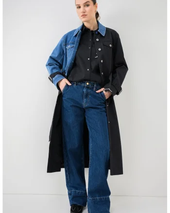 Trenci long cu insertii de denim, Negru/Albastru