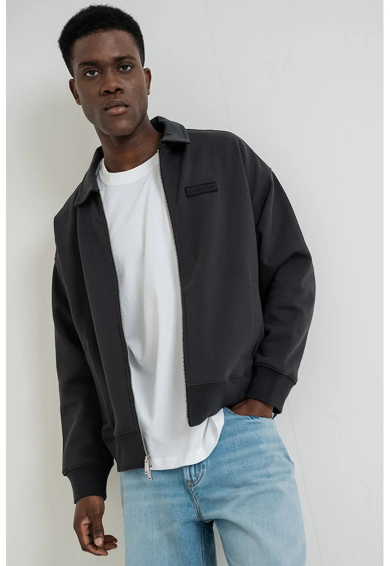 Bluza de trening cu fermoar si guler clasic, Gri antracit