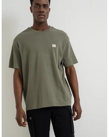 Tricou cu decolteu la baza gatului si logo, Kaki