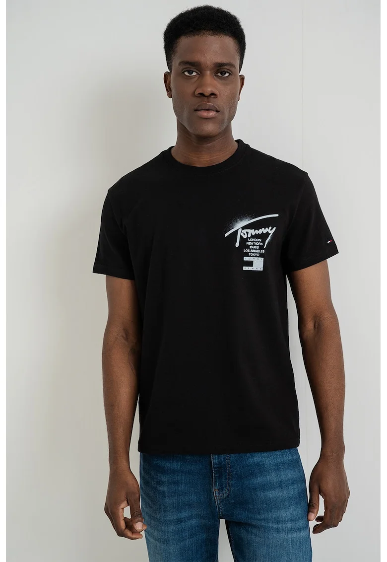 Tricou de bumbac cu decolteu la baza gatului, Negru/Albastru deschis