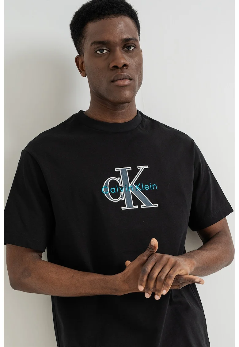 Tricou de bumbac cu logo brodat, Negru/Turcoaz