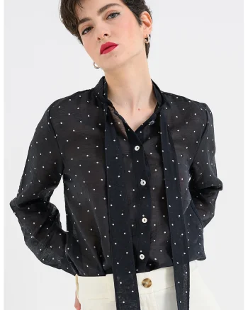 Camasa din amestec de lyocell cu model cu buline, Negru stins/Alb optic