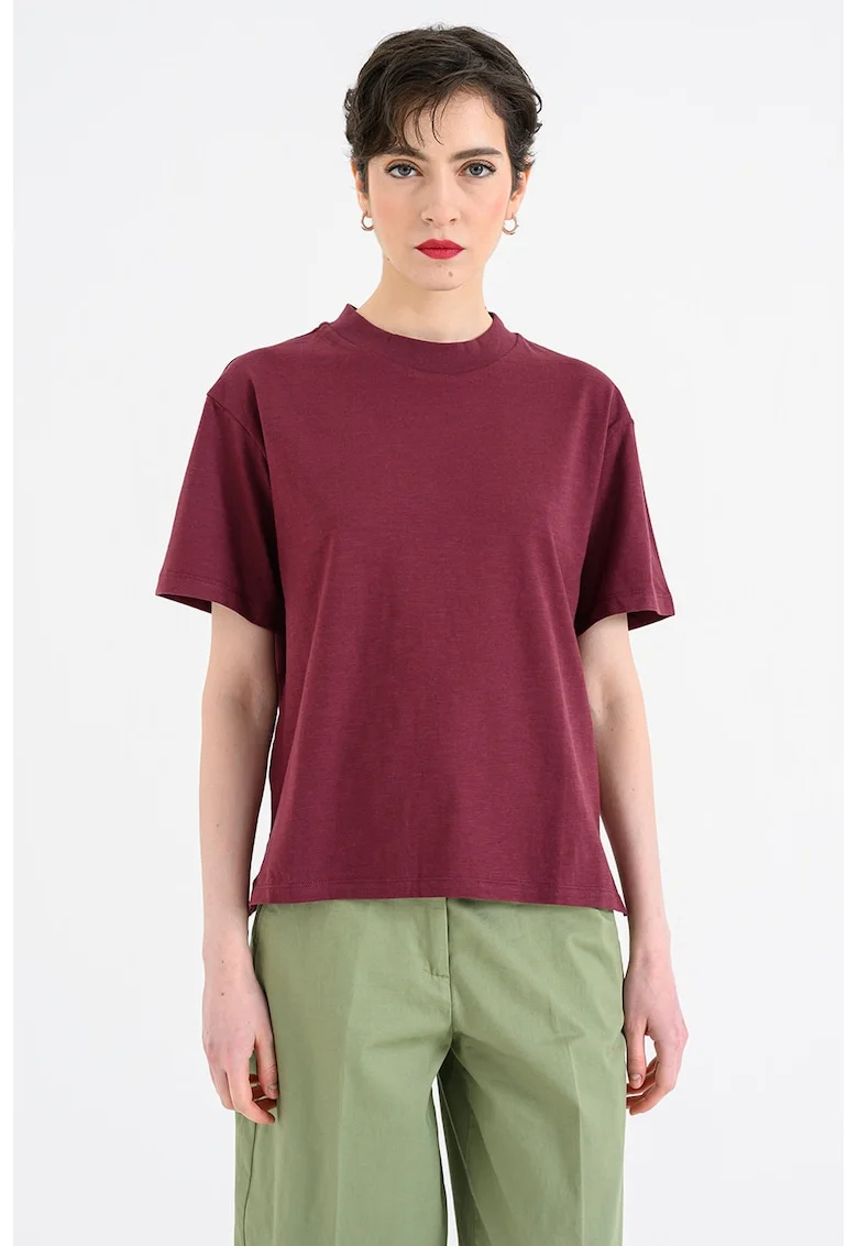 Tricou din bumbac cu decolteu la baza gatului, Visiniu
