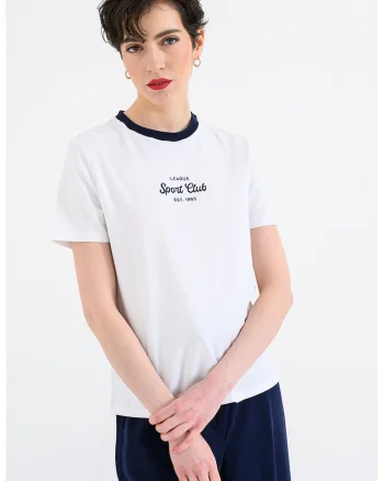 Tricou cu decolteu la baza gatului si imprimeu text, Alb optic