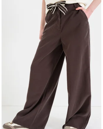 Pantaloni cu croiala ampla si cordon, Maro pamantiu