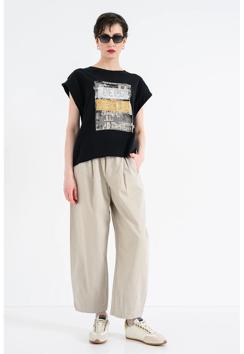 Tricou cu decolteu la baza gatului Nadira, Negru/Argintiu