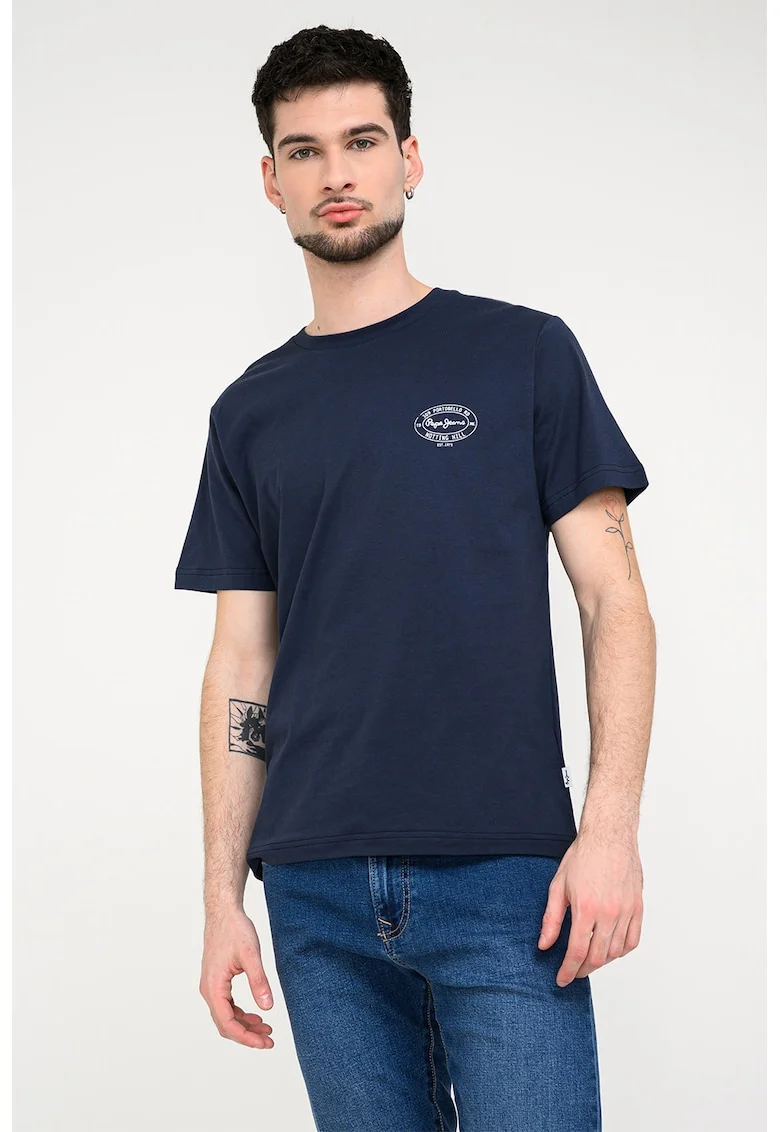 Tricou din bumbac cu imprimeu logo discret, Bleumarin