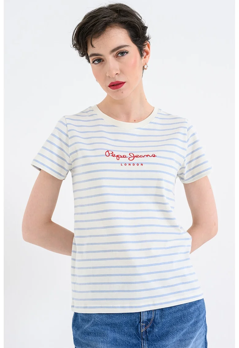 Tricou cu decolteu la baza gatului si dungi Mae, Alb/Albastru