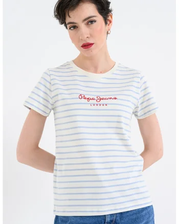 Tricou cu decolteu la baza gatului si dungi Mae, Alb/Albastru