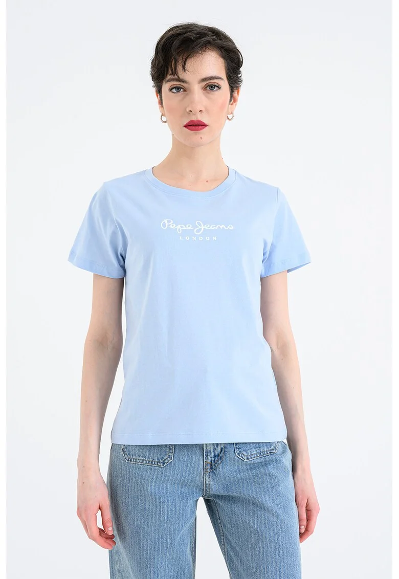 Tricou cu decolteu rotund si logo Mae, Albastru pastel