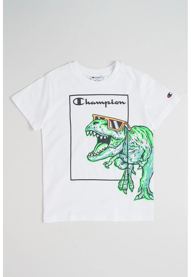 Tricou cu decolteu rotund Dinosaur, Alb/Verde neon
