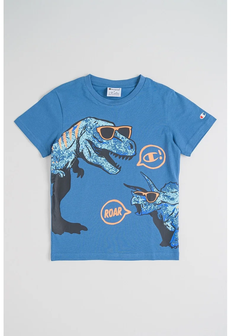 Tricou cu decolteu rotund Dinosaur, Albastru prafuit/Portocaliu neon