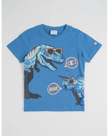 Tricou cu decolteu rotund Dinosaur, Albastru prafuit/Portocaliu neon