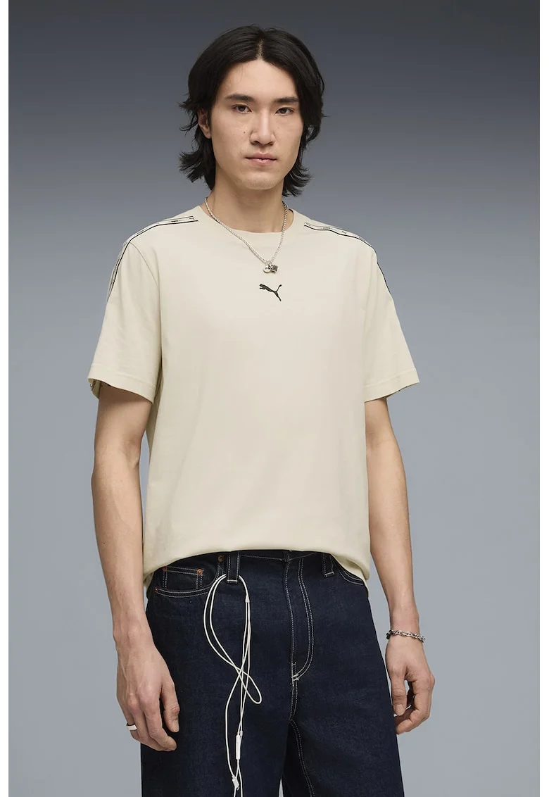 Tricou regular fit cu benzi logo laterale, Bej