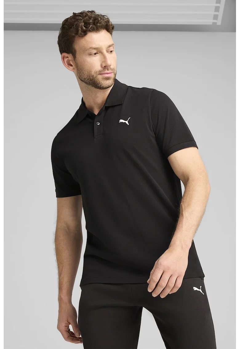 Tricou polo cambrat cu broderie logo, Negru