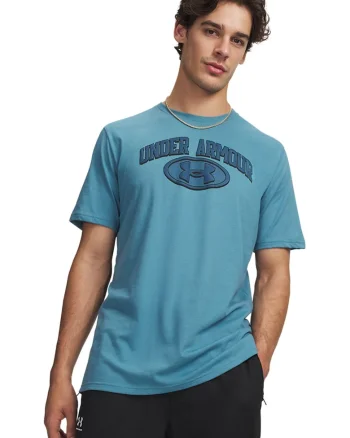 Tricou cu decolteu la baza gatului si imprimeu logo, Albastru pastel