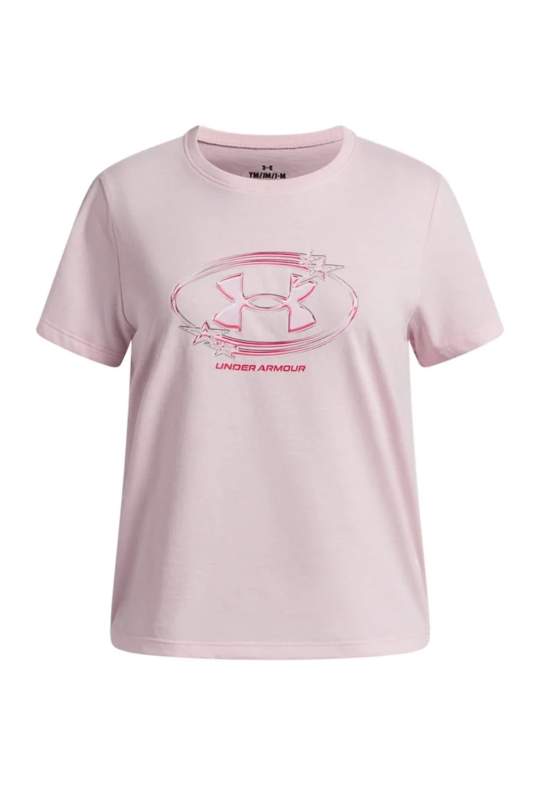 Tricou cu decolteu la baza gatului si imprimeu logo, Roz pastel/Roz prafuit